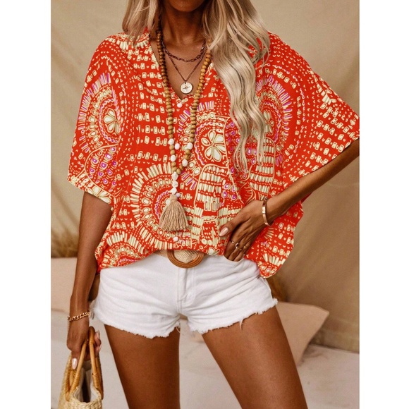 Sprits Color Floral Abstract Boho Batwing Sleeve Loose Fitting Shirt - Picture 3 of 10